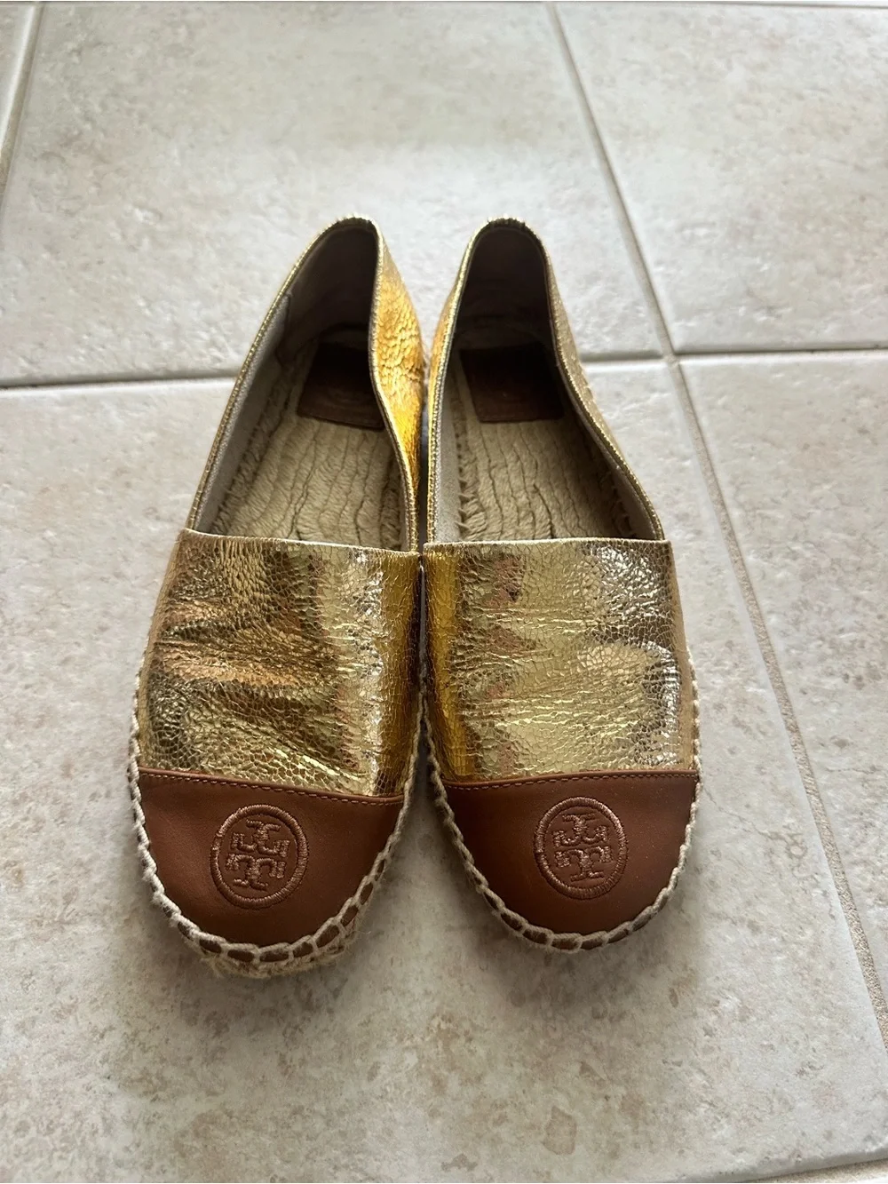 Tory Burch Metallic Gold Espadrille Flats with Brown Toe Cap